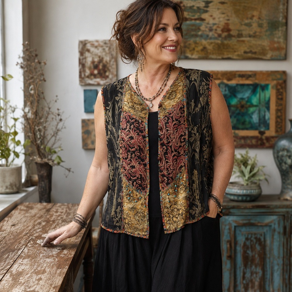 Chico's Silk Blend Patchwork Vest Floral Paisley Art To Wear Women's XL Size 3